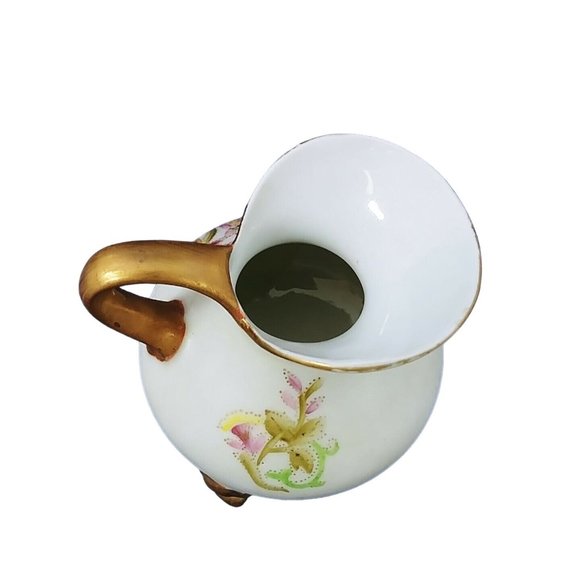 Creamer Pitcher Footed Hand Painted Gold Trim Floral Collectible Vintage 3.25"H - Picture 5 of 8